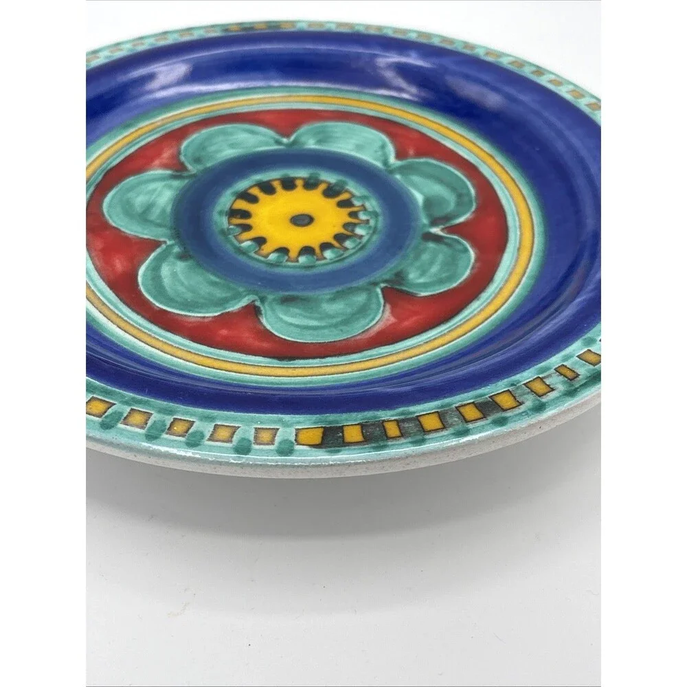 DeSimone Italy Art Ceramic Plate Signed Colorful Pottery Blue Red Flower 10 Inch